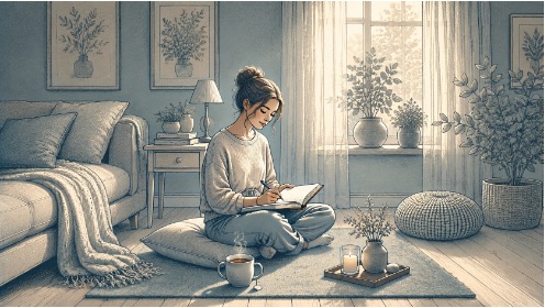 Person journaling in a sunlit room with herbal tea nearby, practicing daily self-care habits that support recovery from dissociation.