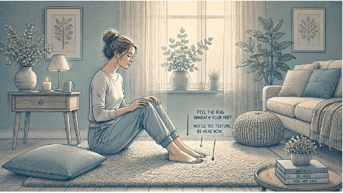 Woman pressing her bare feet into a soft rug while practicing a sensory grounding exercise to manage a dissociative episode at home.
