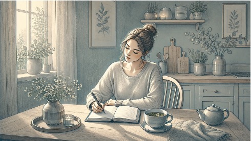 Woman writing reflectively in a notebook at a kitchen table with a warm cup of herbal tea, practicing self-care to recover from anxiety symptoms.