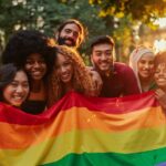 Diverse group of adults outside holding pride flag and smiling