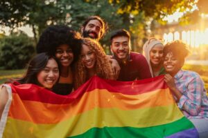 Diverse group of adults outside holding pride flag and smiling