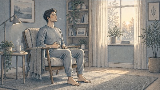 Man seated in a chair with eyes closed, hand on stomach, practicing extended exhale breathing to calm an anxiety attack.