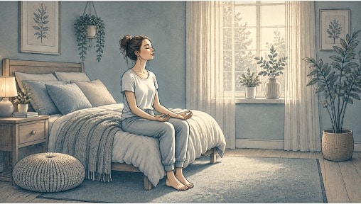 Woman sitting on a bed with relaxed shoulders and open palms, releasing tension during an anxiety attack.