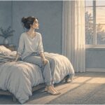Woman sitting on the edge of her bed at dawn, calming herself after an anxiety attack.