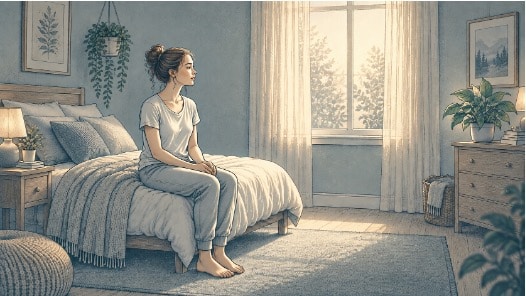 Woman slowly turning her gaze toward a window, practicing visual orienting to ease an anxiety attack.