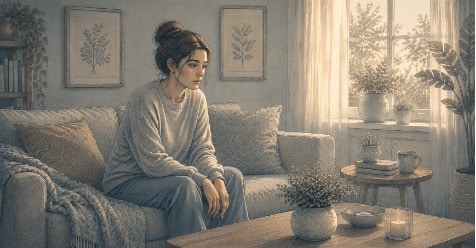 A woman sitting on a couch, feeling empty, as a result of BPD. 
