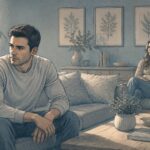 A person struggling with antisocial personality disorder sitting in a living room while physically distancing himself from a loved one during an argument.