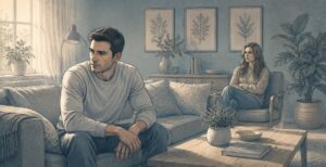 A person struggling with antisocial personality disorder sitting in a living room while physically distancing himself from a loved one during an argument.