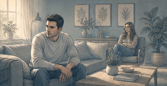 A person struggling with antisocial personality disorder sitting in a living room while physically distancing himself from a loved one during an argument.