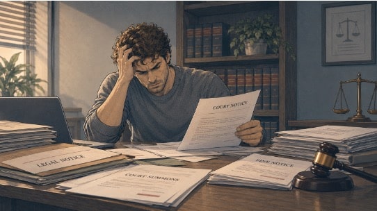 Person reviewing legal paperwork, illustrating how repeated legal trouble is a core ASPD symptom.