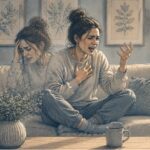 A woman sitting on a couch while experiencing the mood swings that come with BPD.