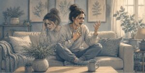 A woman sitting on a couch while experiencing the mood swings that come with BPD.