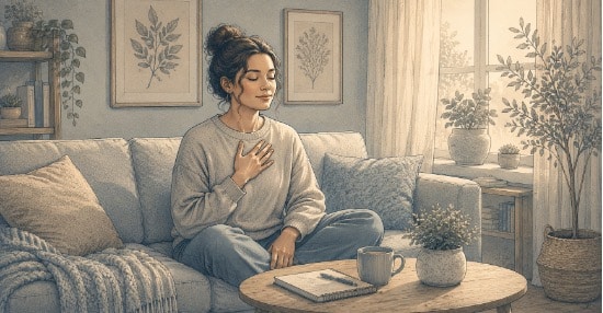 A woman sitting on a couch, practicing self-regulation as one of the ways to deal with her BPD abandonment issues. 